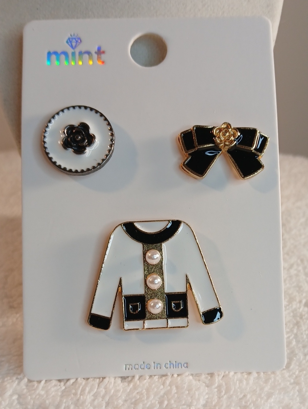 Mint Black & White Enamel Jacket and Bow Pin Trio